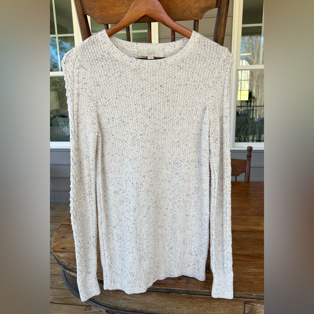 LOFT Women’s Flecked Bobble Sleeve Cream Sweater Speckled Confetti Cotton Size S